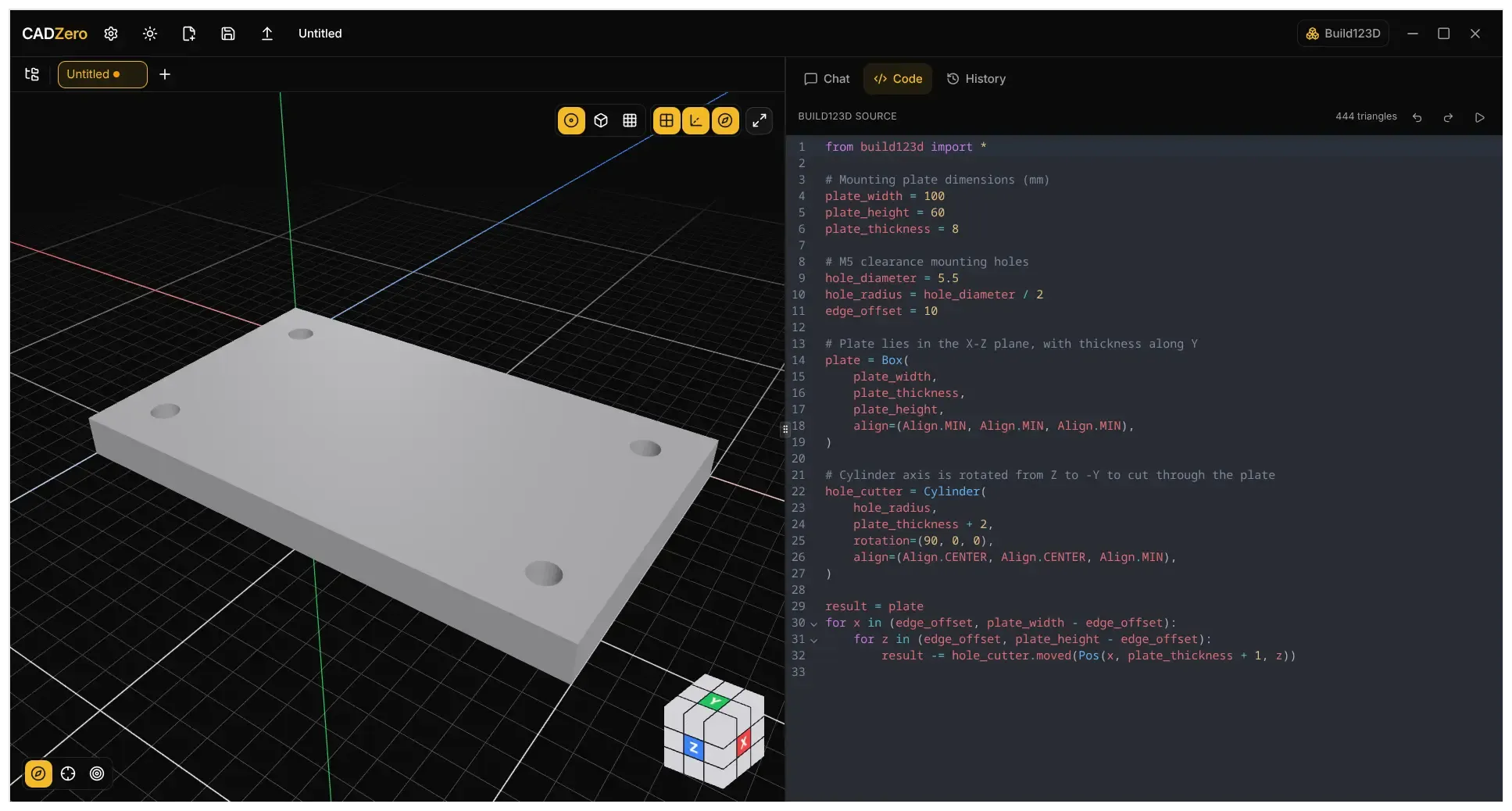 CodeMirror editor showing generated parametric OpenSCAD and Build123D code
