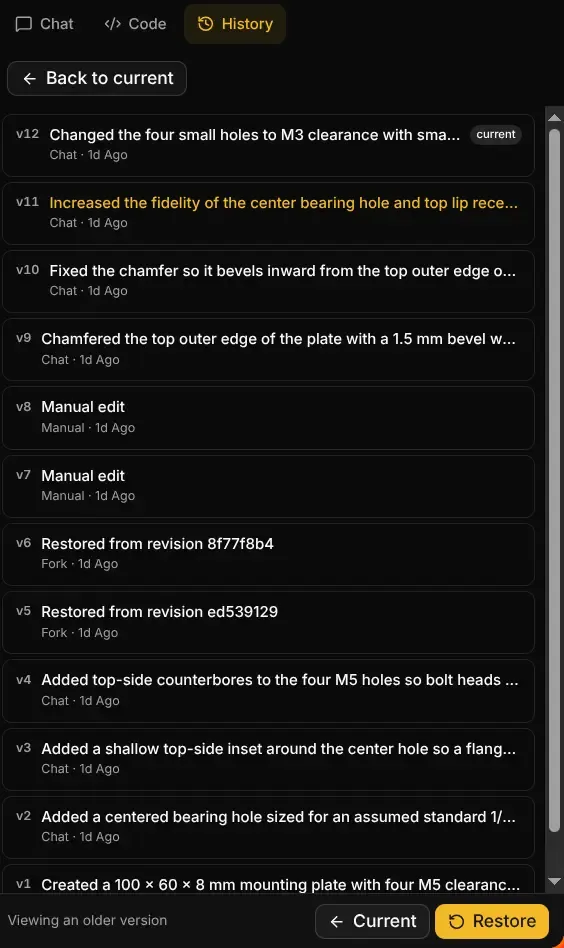 Revision history panel with versioned checkpoints in a DAG graph