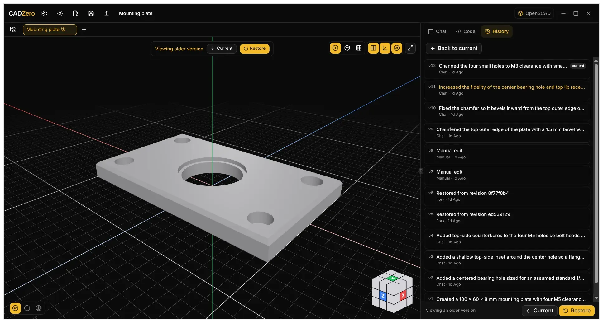 Mounting plate model with revision history panel showing versioned checkpoints