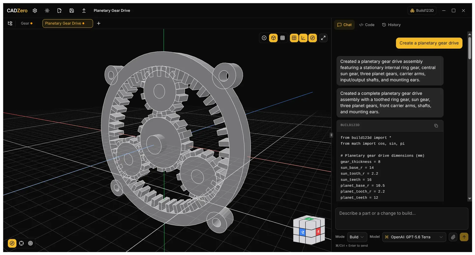 A planetary gear drive generated from a natural-language prompt