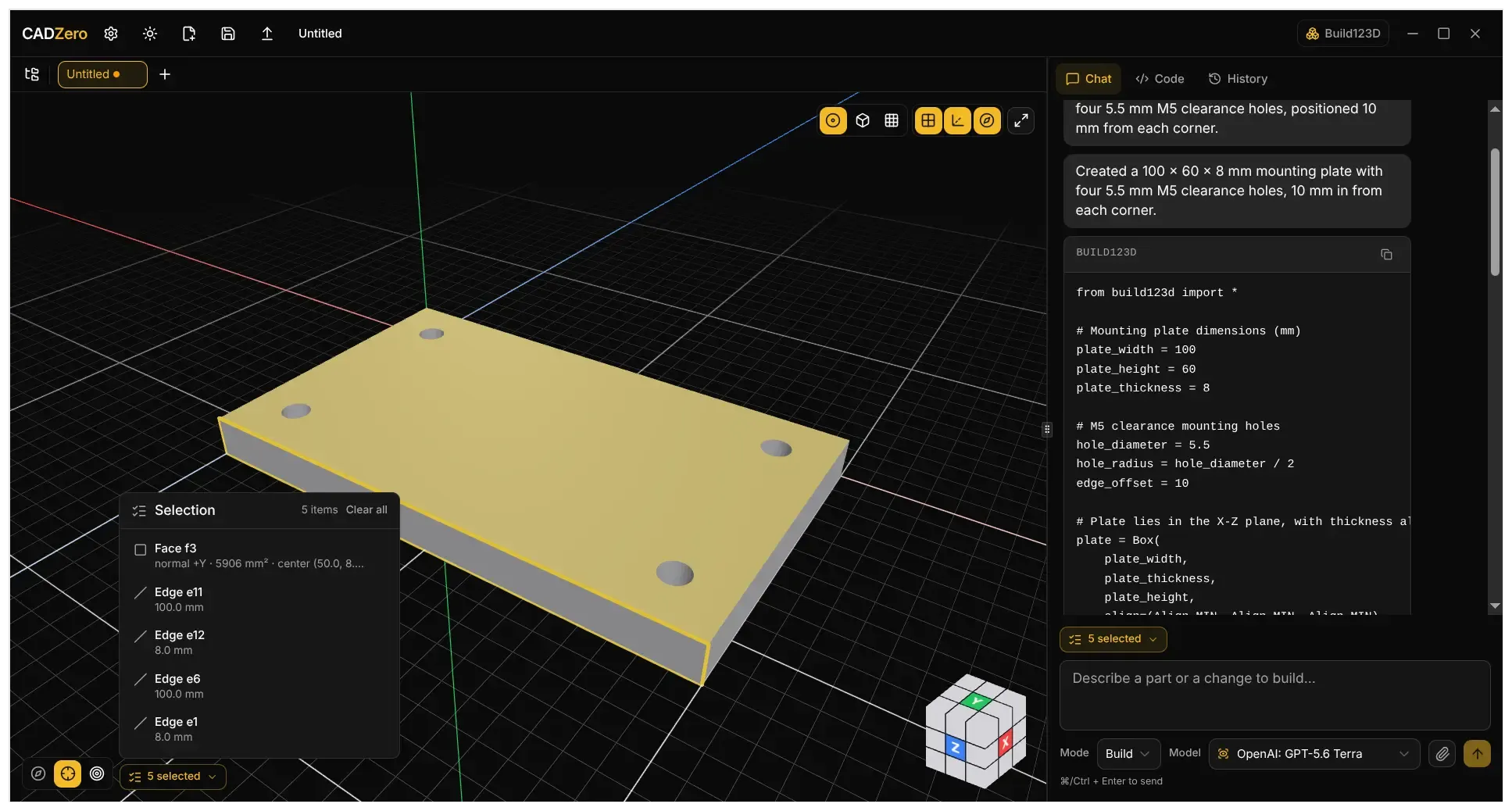 Topology selection — faces, edges, and vertices picked directly in the 3D viewport