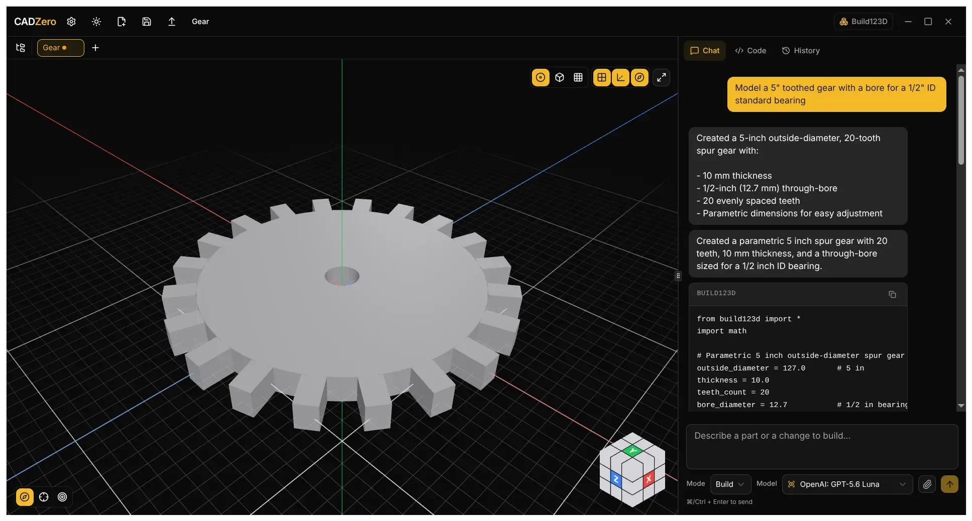 CADZero generating a parametric gear from a natural-language prompt
