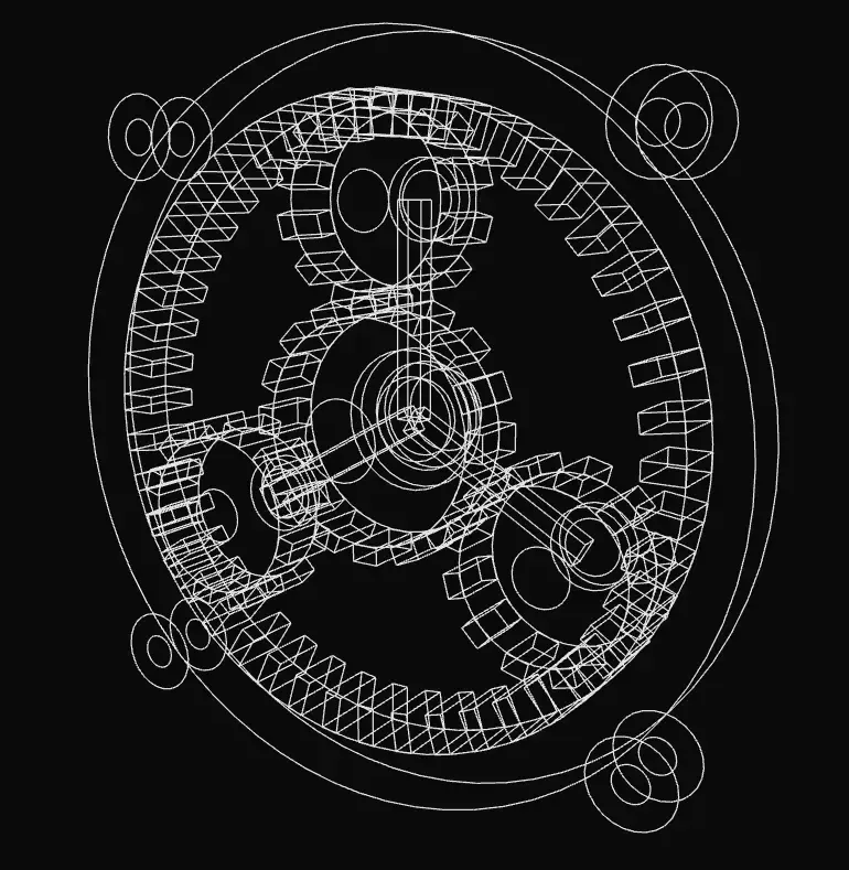 3D viewport showing a gear in wireframe view with orbit controls